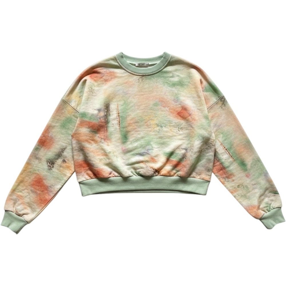 MOTF Premium Cotton Tie Dye Sweatshirt Green Orange Abstract Pullover M NEW
